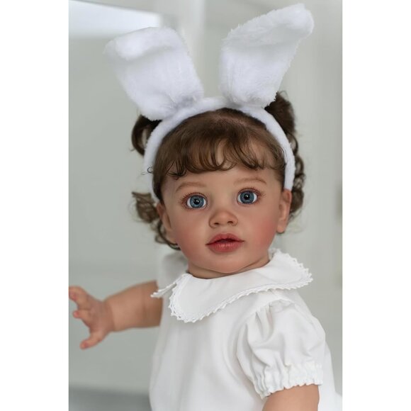 🆕26Inch Realistic Baby Doll with Curly Hair Reborn Doll in White Floral Dress - Picture 1 of 5